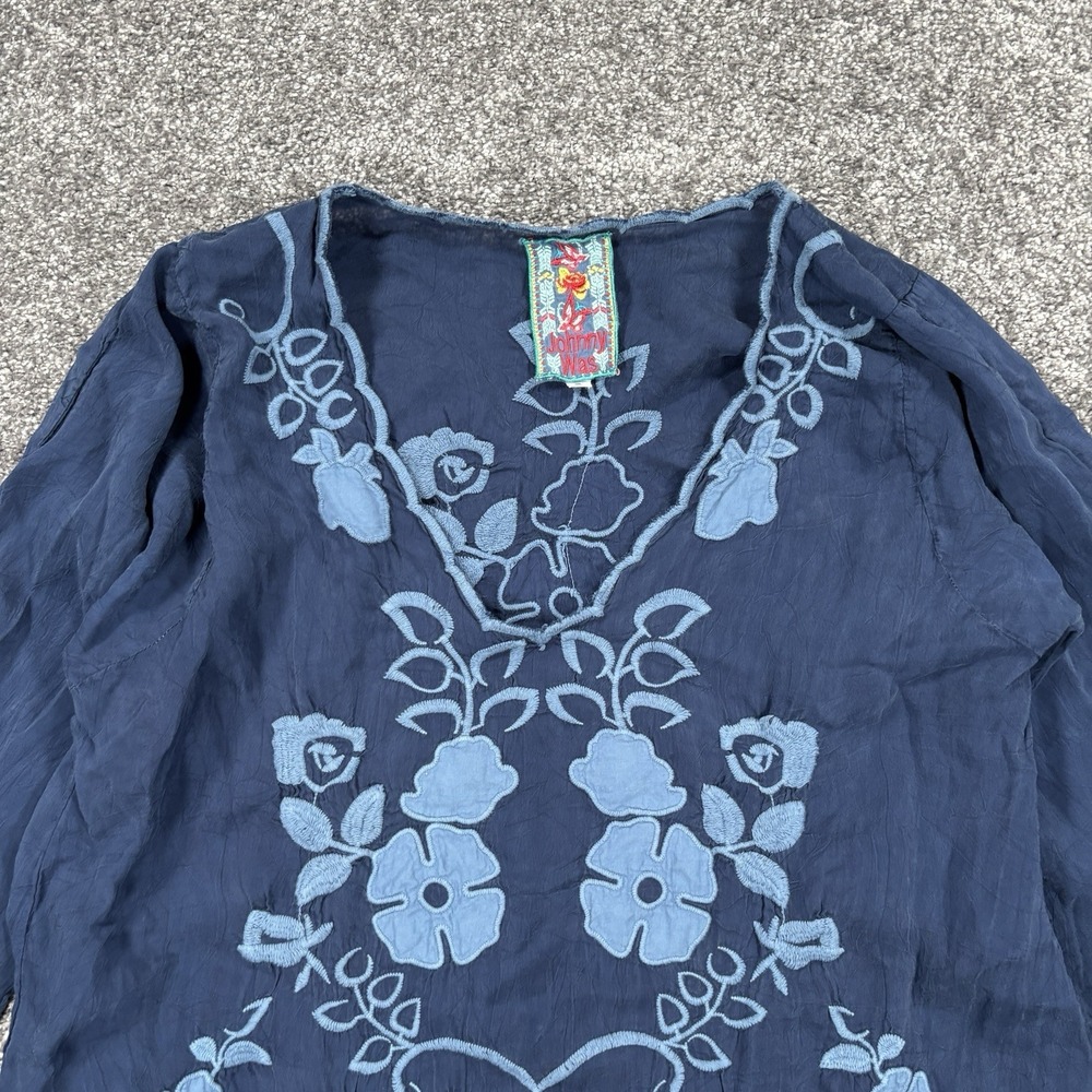 Johnny Was Blouse Tunic Top Women's Small Blue Embroidered Floral Rayon - Picture 3 of 10
